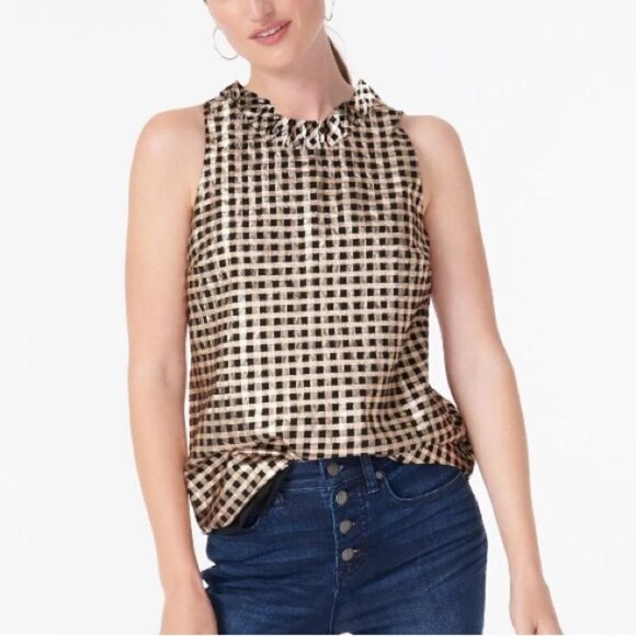 J. CREW Gingham Ruffle Neck Sleeveless Top - Picture 1 of 5